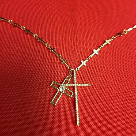 Double Cross Pendant Chain Cross Necklace Gold Tone - Picture 1 of 10